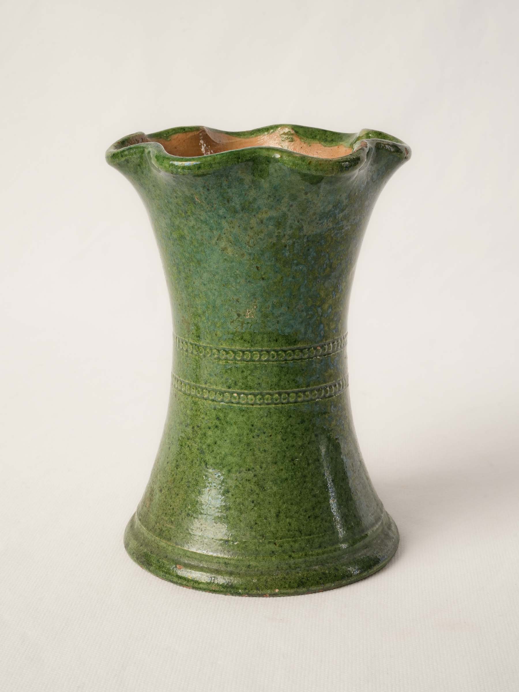 Small Vintage Castelnaudary Green-Glazed Ceramic Vase w/ Wavy Rim - 7½"
