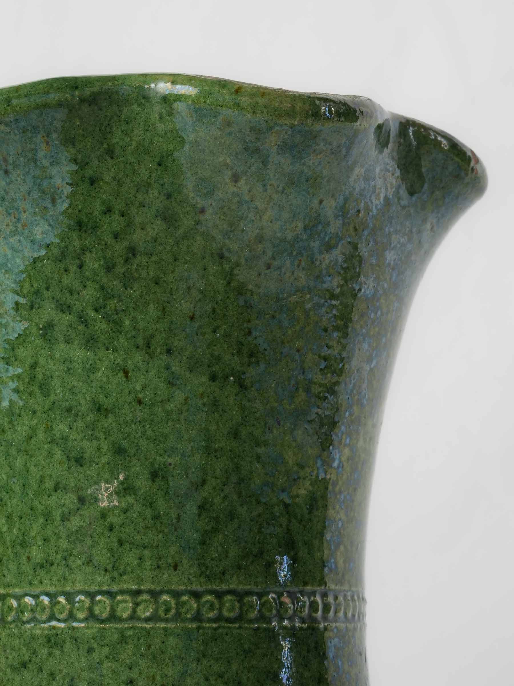 Small Vintage Castelnaudary Green-Glazed Ceramic Vase w/ Wavy Rim - 7½"