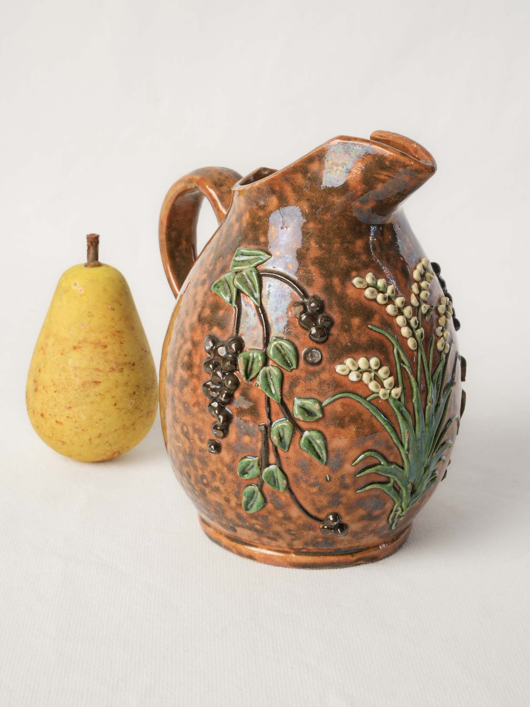 Antique French Barbotine Pitcher w/ Delicate Lily-of-the-Valley Relief