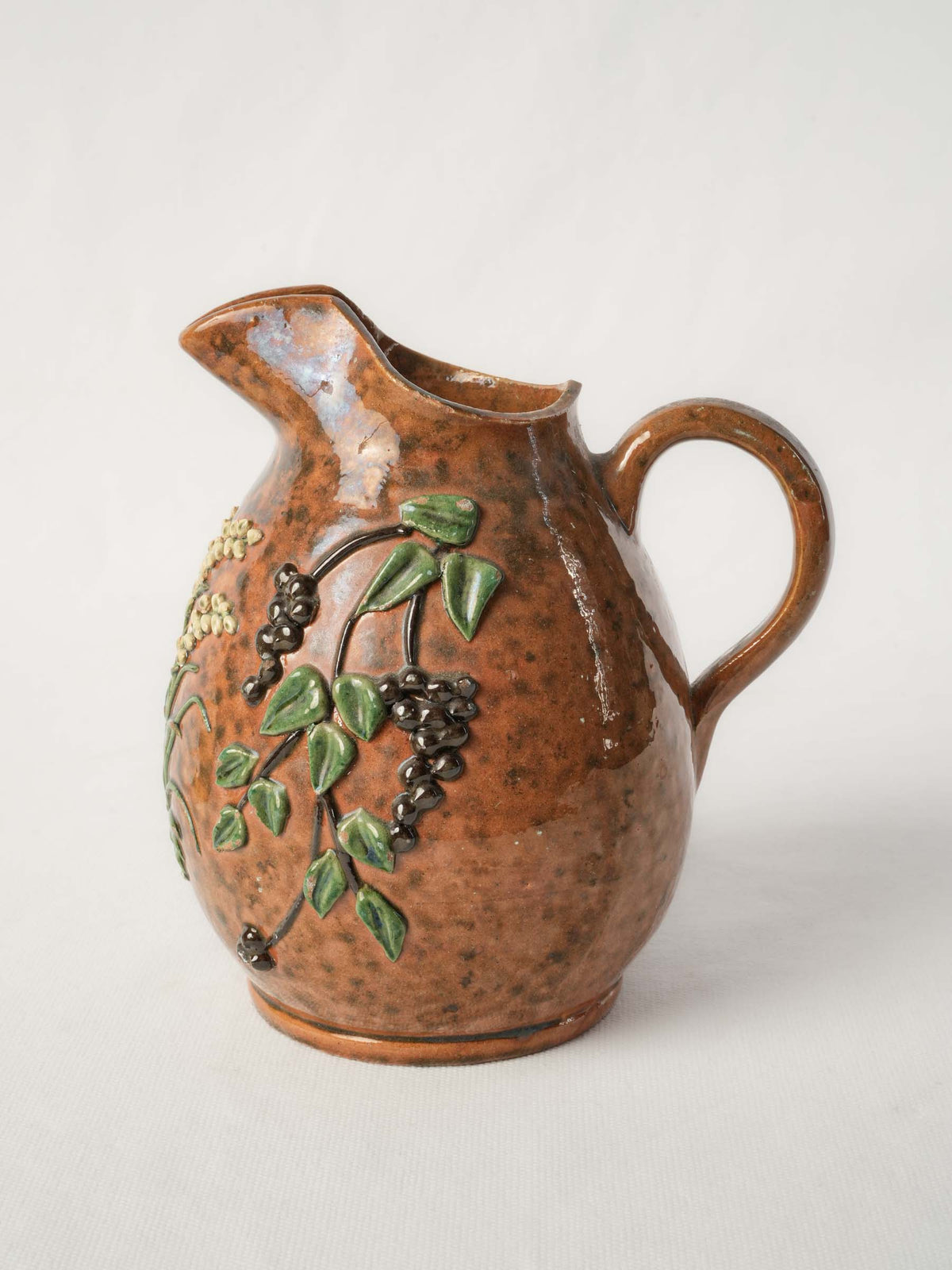 Antique French Barbotine Pitcher w/ Delicate Lily-of-the-Valley Relief Decoration - 7"
