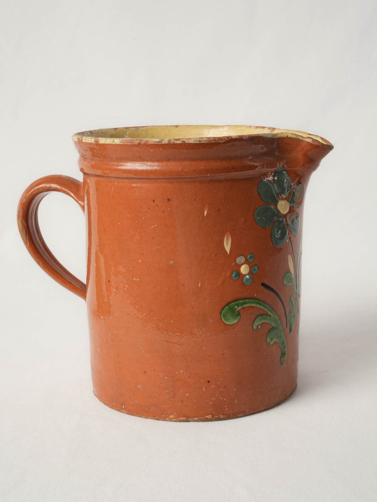 Large Antique Savoyard Ceramic Pitcher w/ Floral Decoration on a Warm Orange Ground - 7"