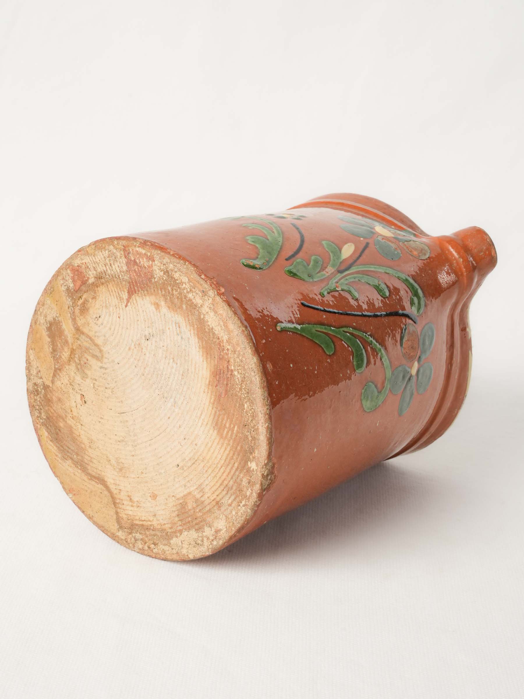 Large Antique Savoyard Ceramic Pitcher w/ Floral Decoration on a Warm Orange Ground - 7"