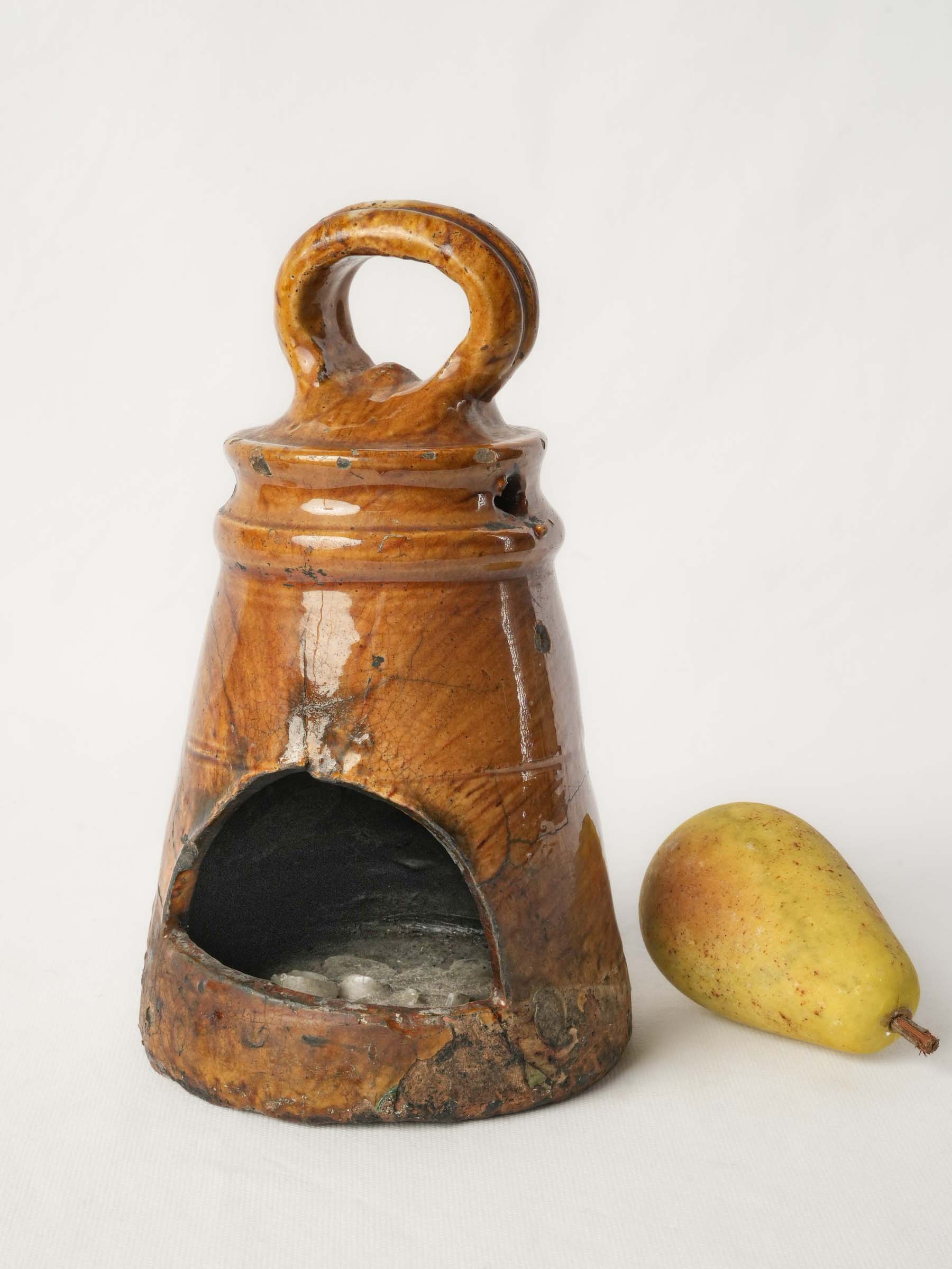 Antique French Terracotta Candle Lantern w/ Amber Glaze and Fire-Darkened Patina - 10¼"