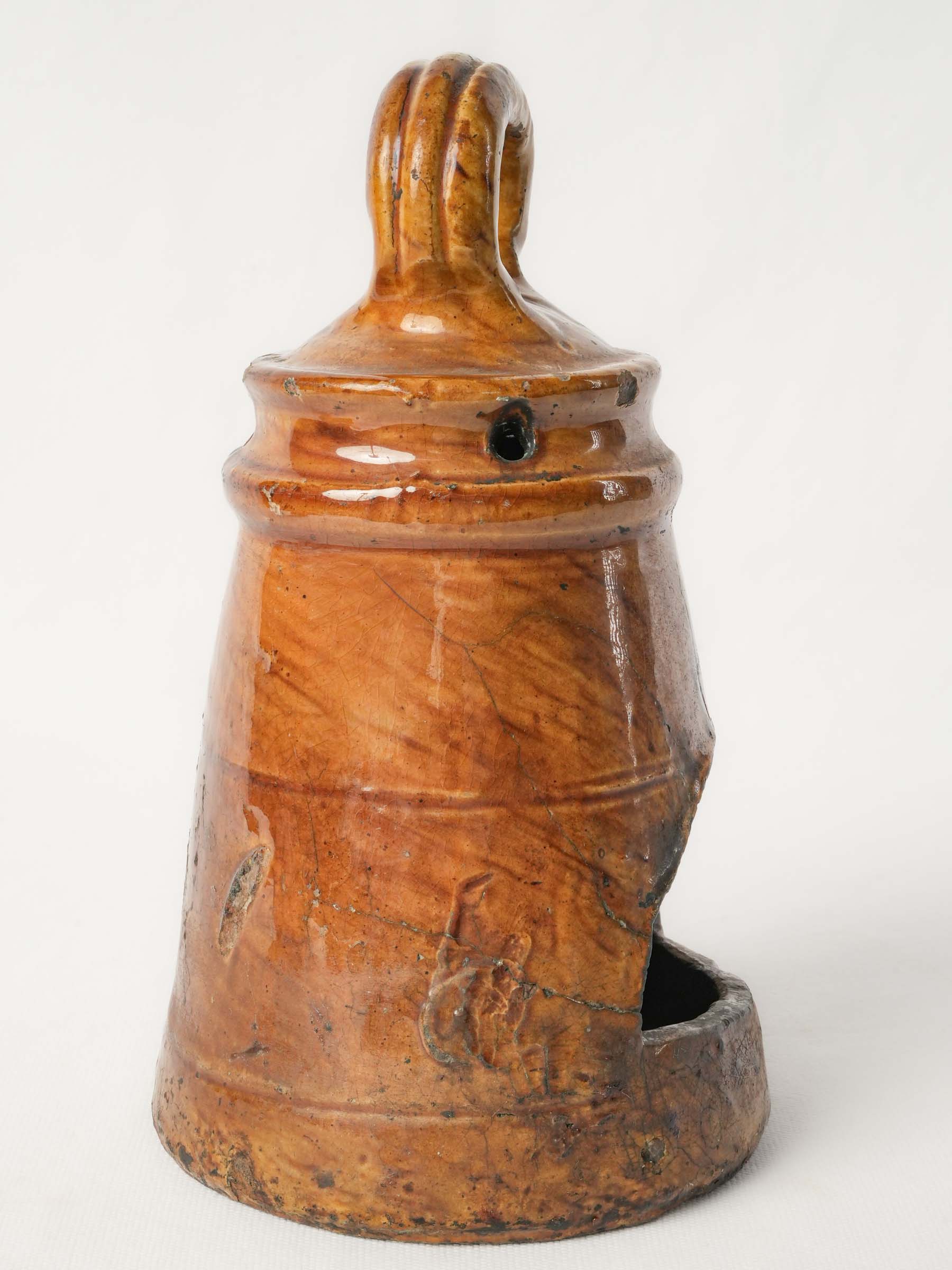 Antique French Terracotta Candle Lantern w/ Amber Glaze and Fire-Darkened Patina - 10¼"