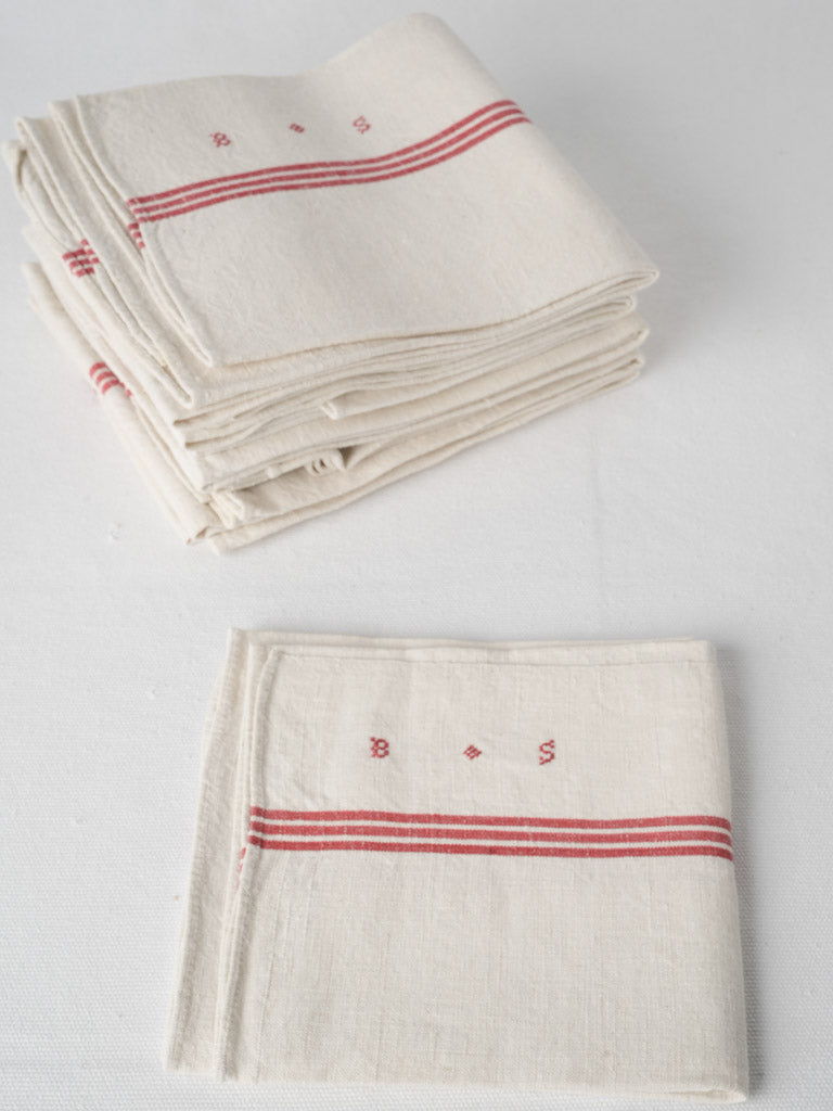 French Linen tea towels red stripe BS monogram