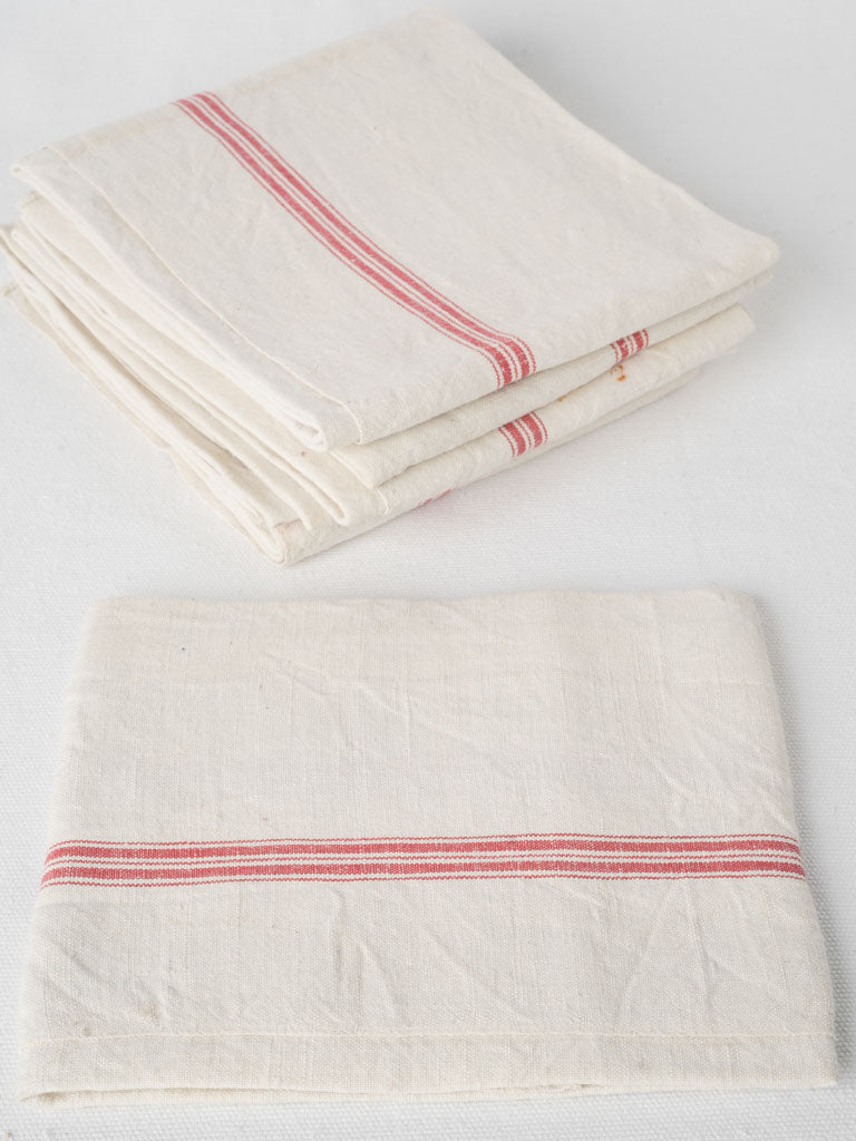 Set of Six Antique French Linen kitchen towels w/ red stripes