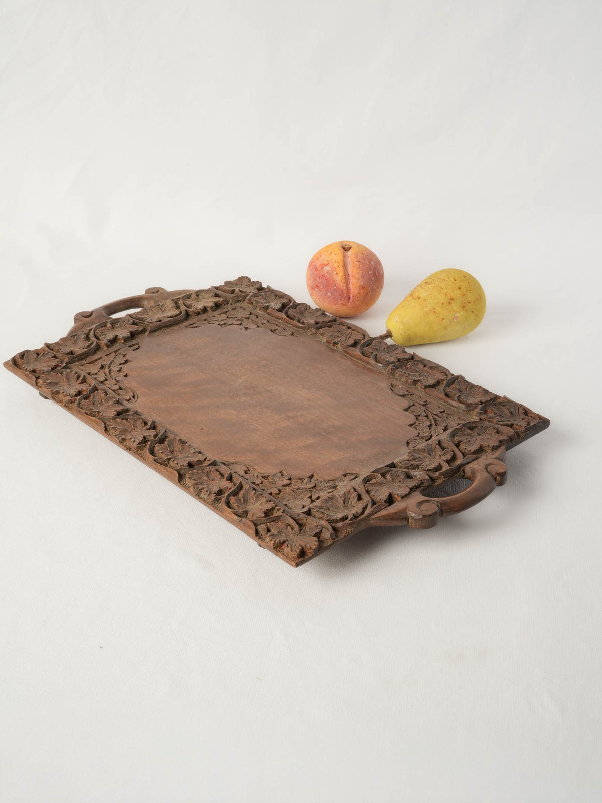 Antique Petite French Carved Walnut Tray w/ Vine-Leaf Decoration - 18"