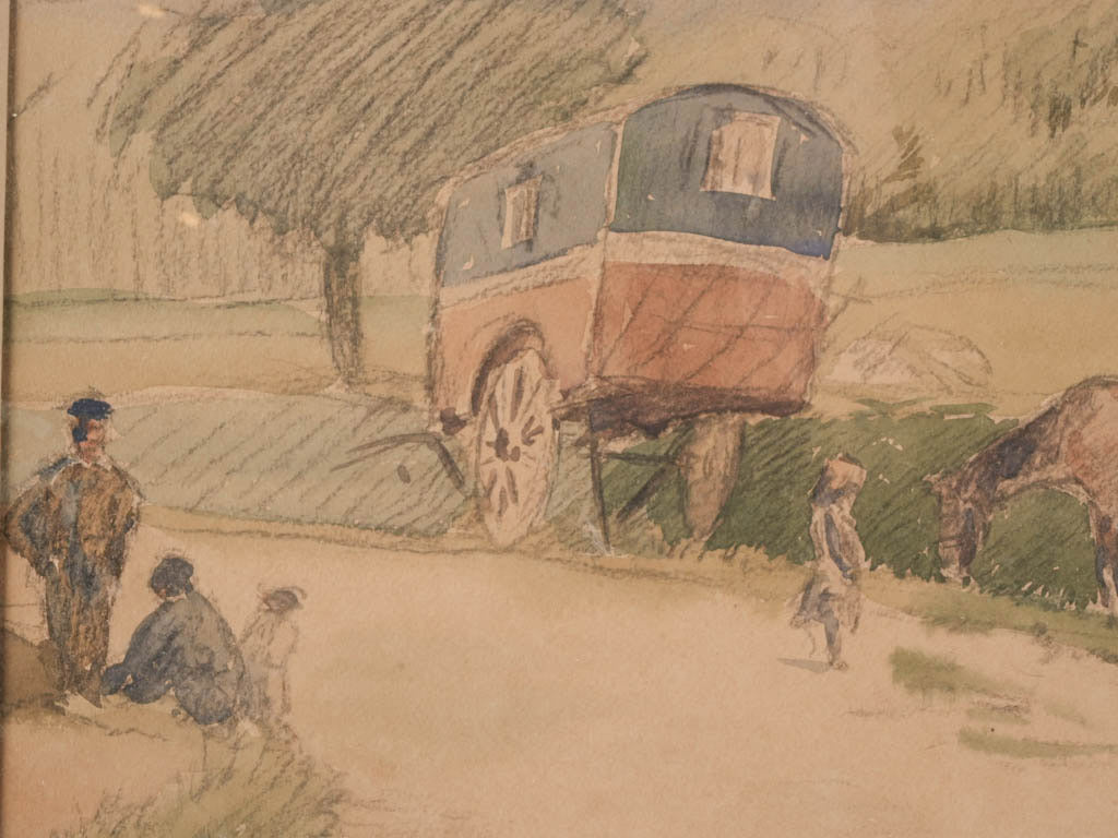 French Watercolor on Paper - Travelling People with Horse-Drawn Caravans Dated 1905 - 14½" x 20¾"