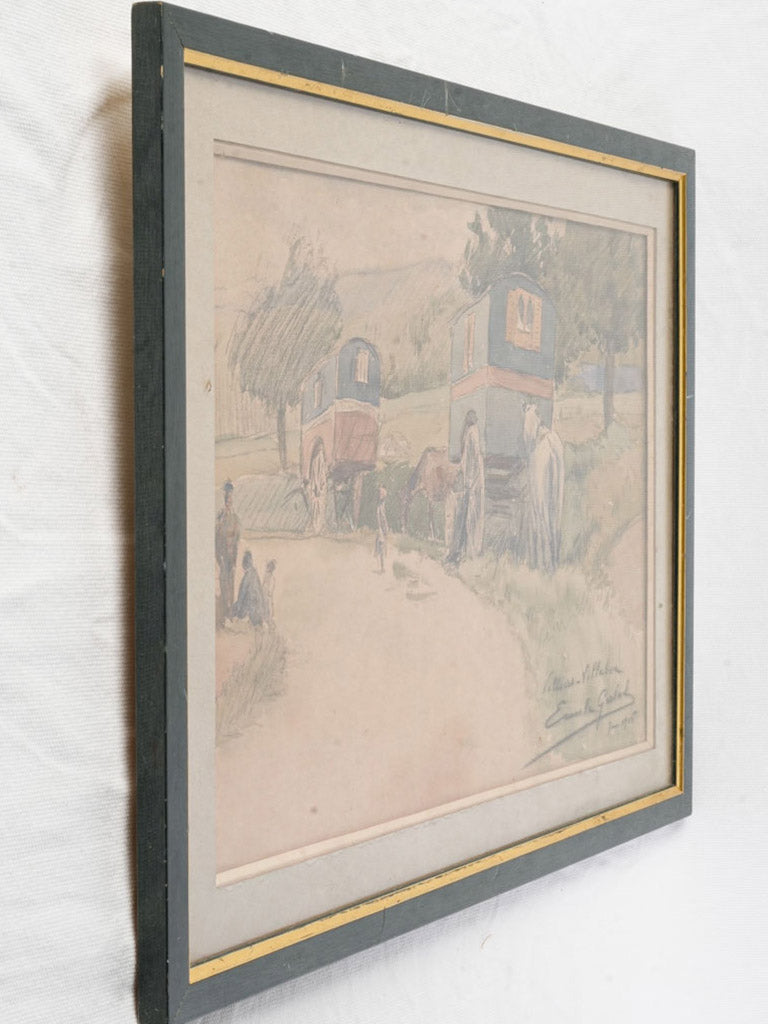 French Watercolor on Paper - Travelling People with Horse-Drawn Caravans Dated 1905 - 14½" x 20¾"