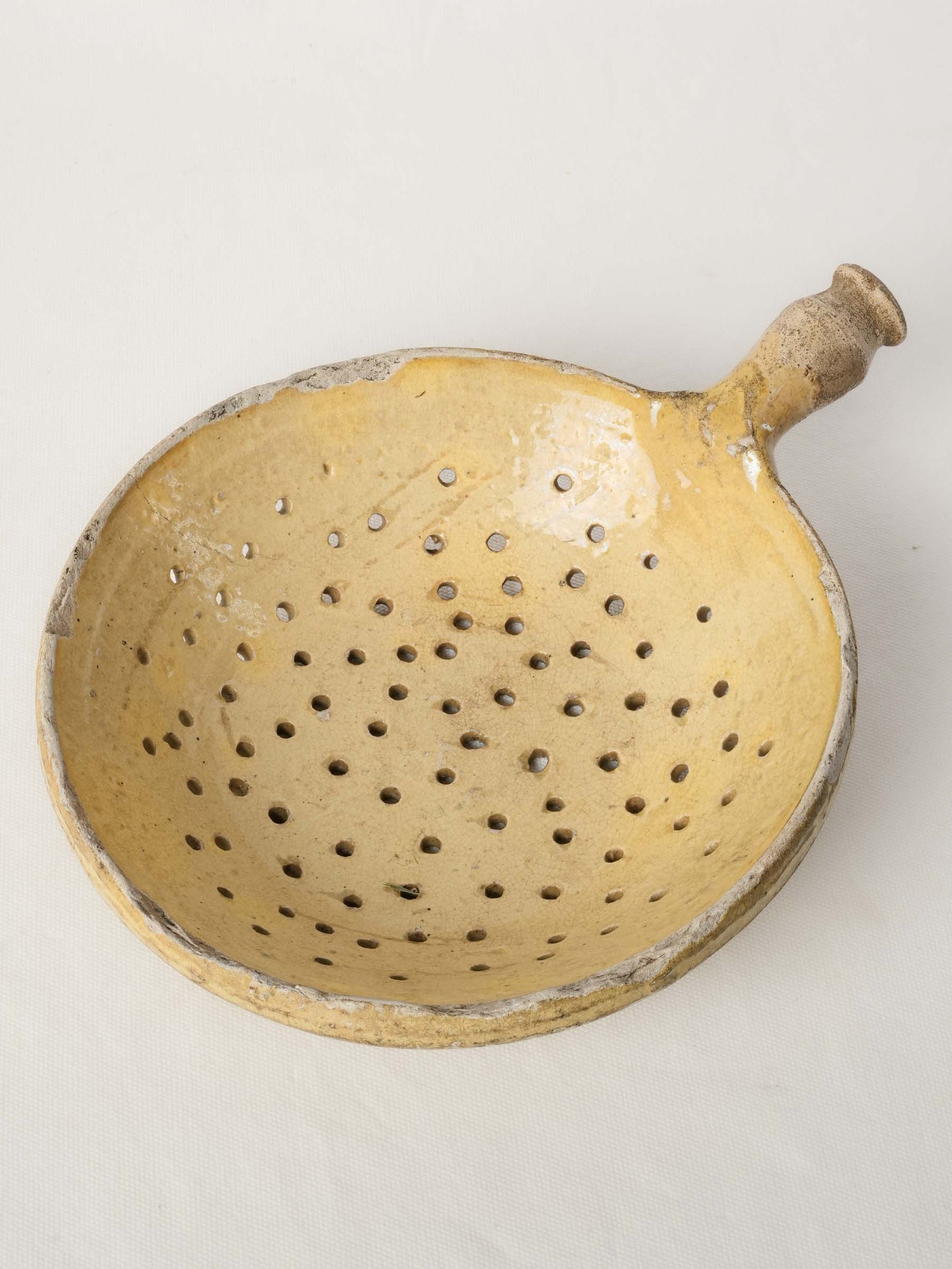 Antique Provençal Hand-Shaped Ceramic Strainer w/ Rustic Patina - 13"