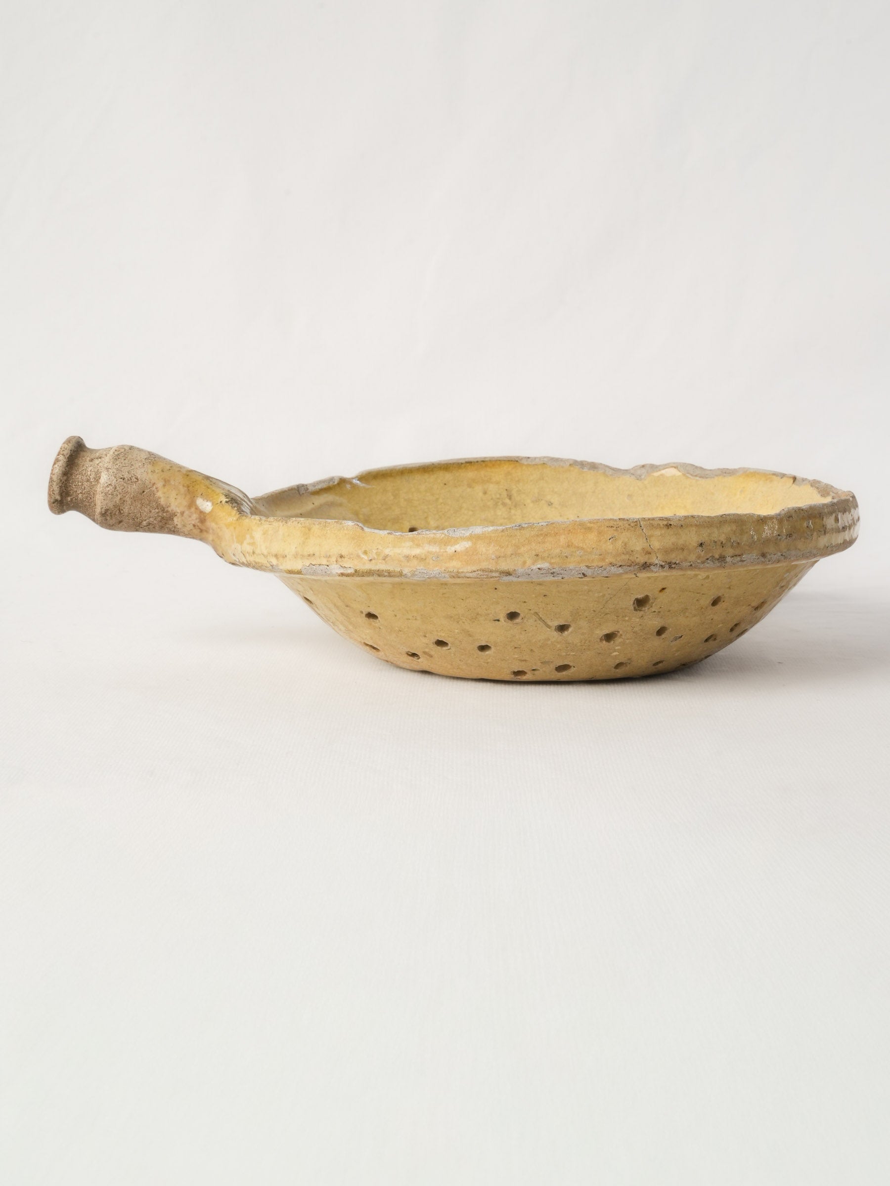 Antique Provençal Hand-Shaped Ceramic Strainer w/ Rustic Patina - 13"