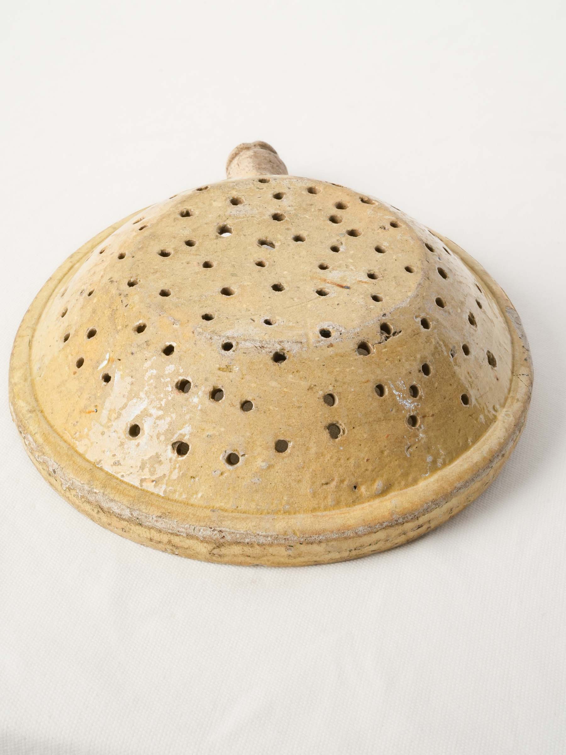 Antique Provençal Hand-Shaped Ceramic Strainer w/ Rustic Patina - 13"