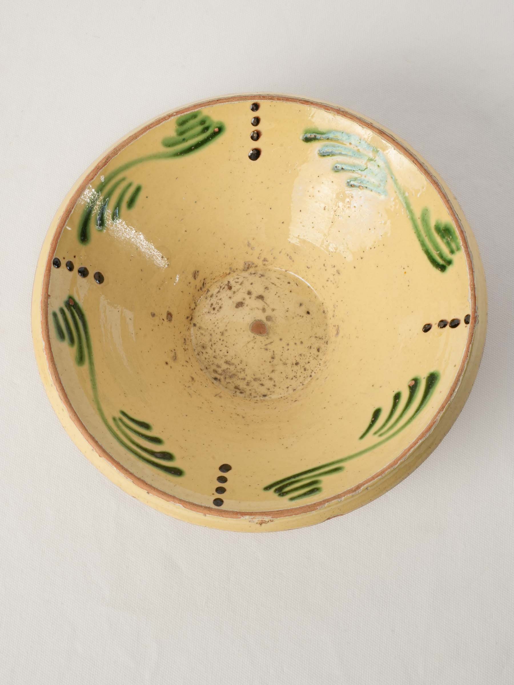 Antique Savoyard Earthenware Salad Bowl w/ Lively Green Decoration and Rustic Patina - 11½"