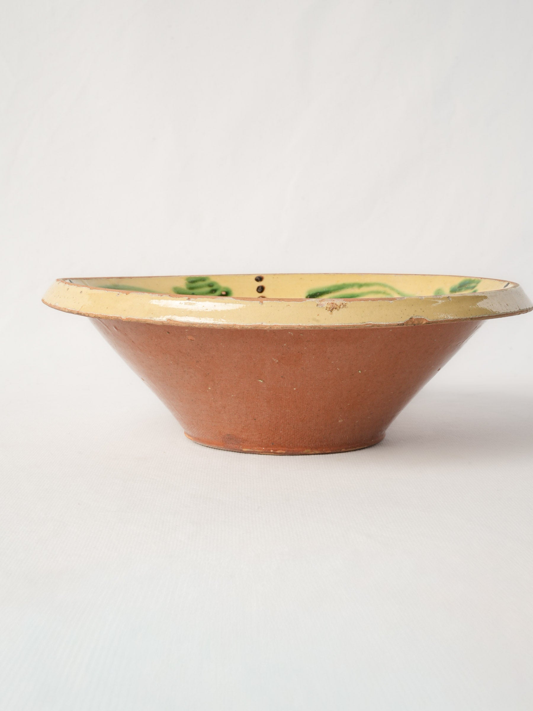 Antique Savoyard Earthenware Salad Bowl w/ Lively Green Decoration and Rustic Patina - 11½"