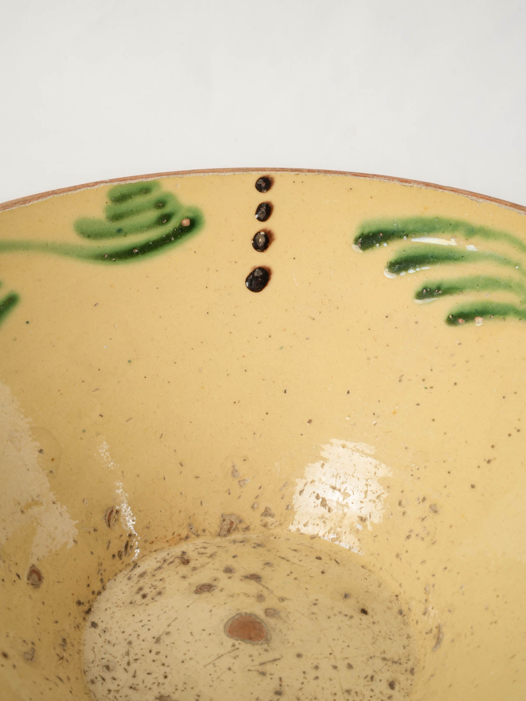 Antique Savoyard Earthenware Salad Bowl w/ Lively Green Decoration and Rustic Patina - 11½"