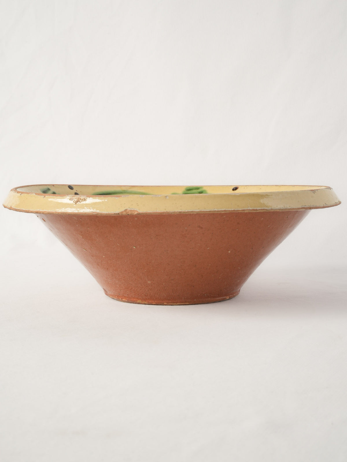 Antique Savoyard Earthenware Salad Bowl w/ Lively Green Decoration and Rustic Patina - 11½"