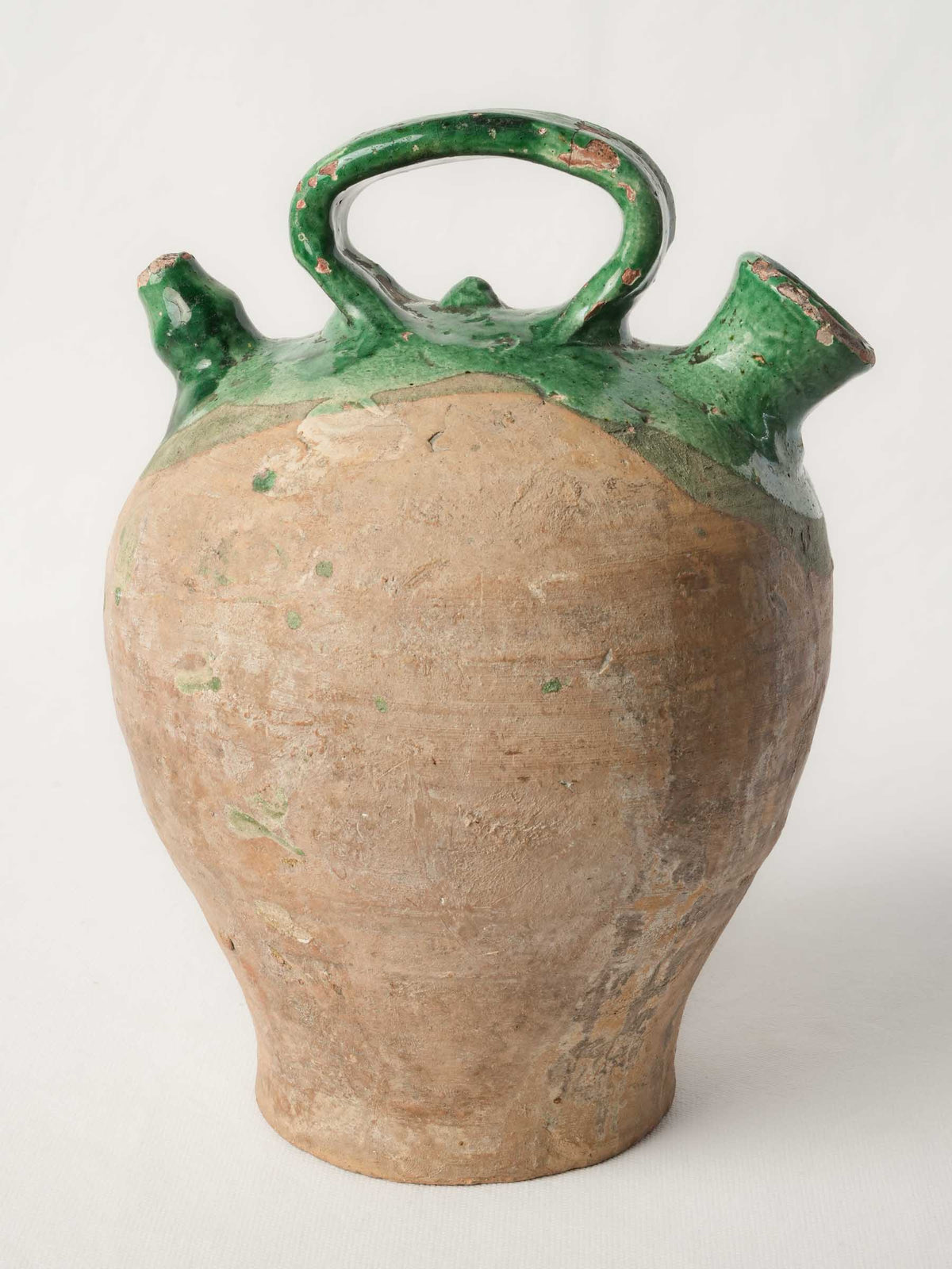 Antique Southern French Terracotta Kanti Water Flask with Partial Green Glaze -11"