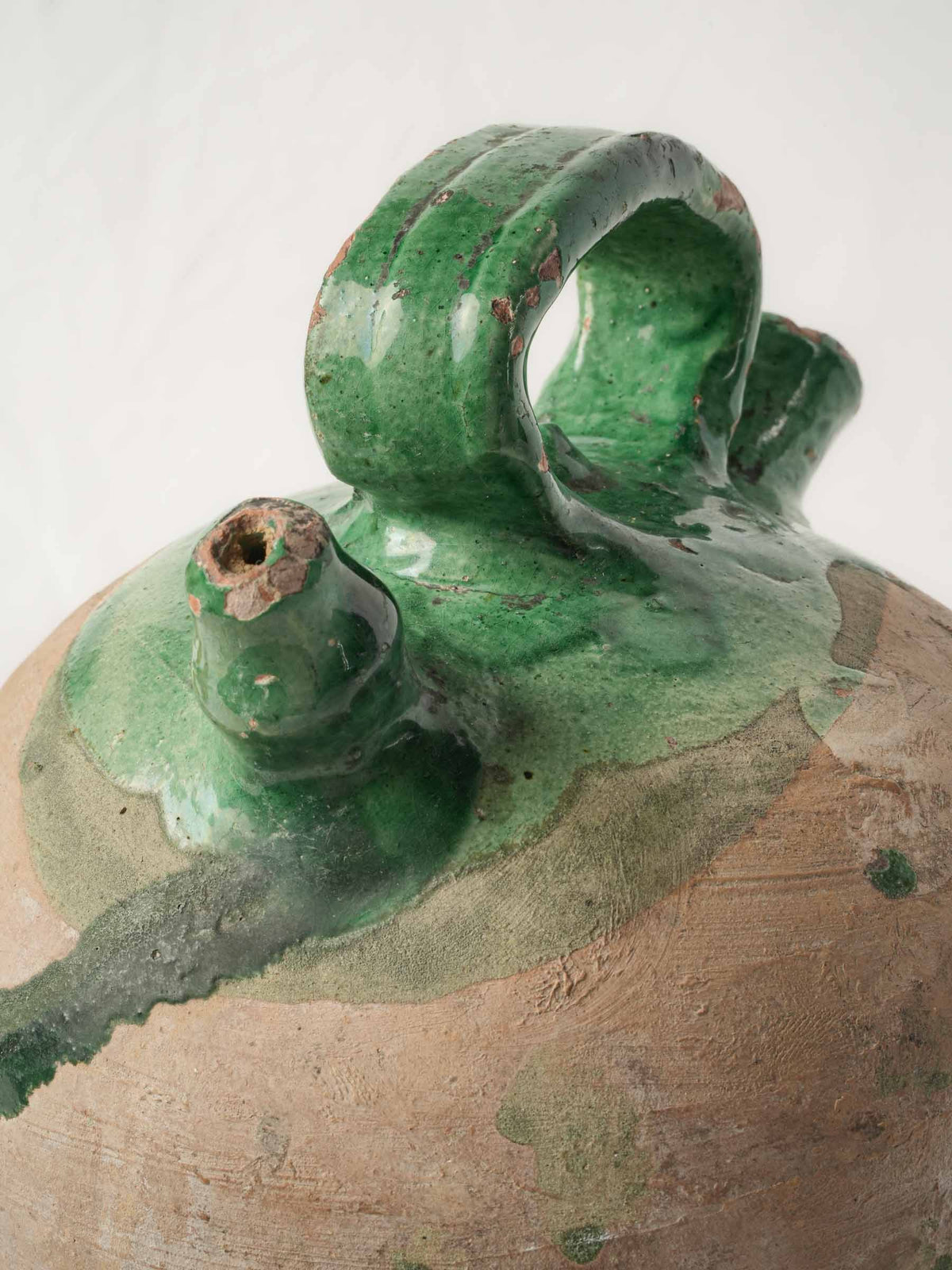 Antique Southern French Terracotta Kanti Water Flask with Partial Green Glaze -11"