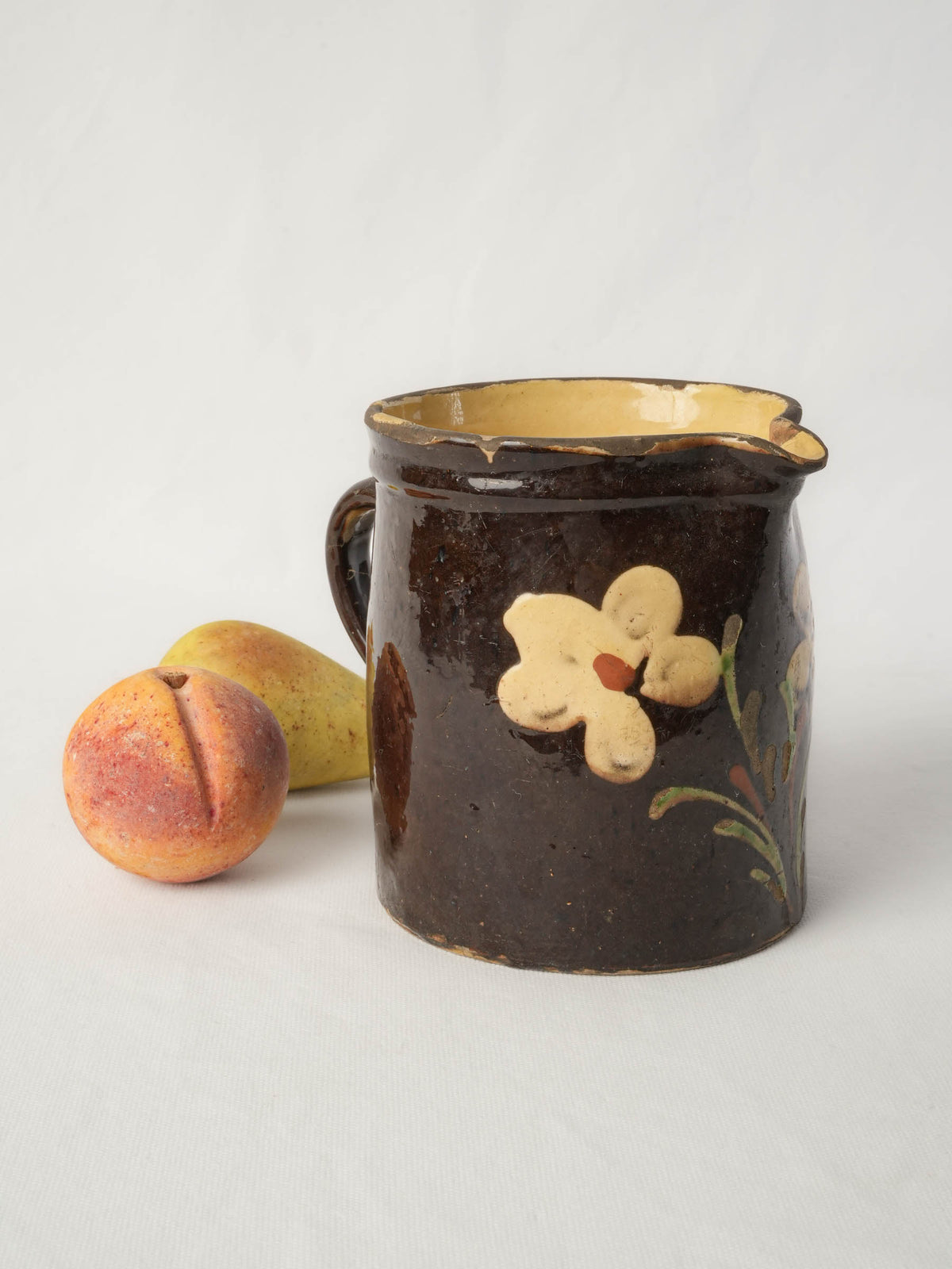 Large Antique Savoyard Ceramic Pitcher w/ Floral Decoration on a Chocolate-Brown Ground - 6¾"