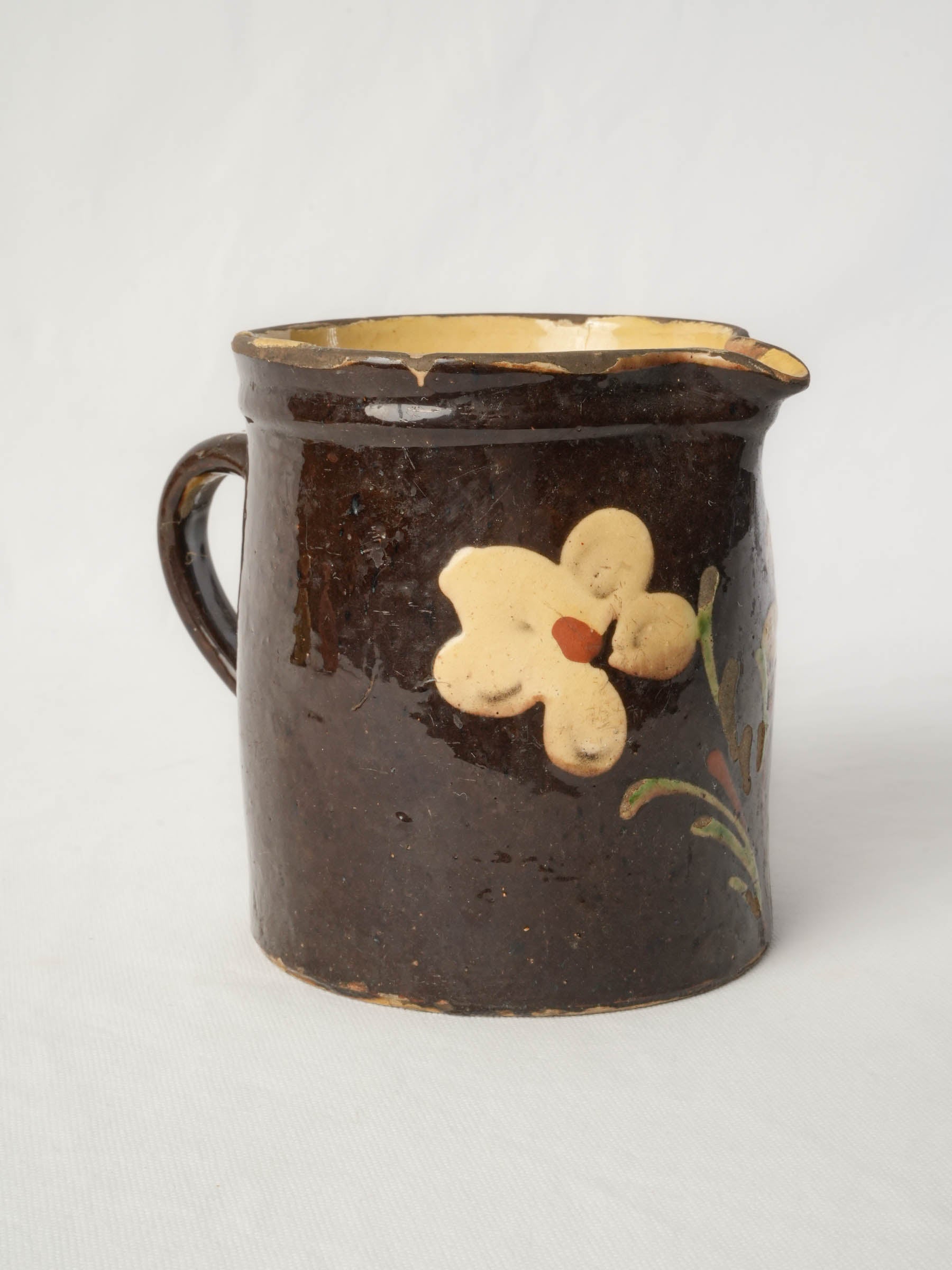 Large Antique Savoyard Ceramic Pitcher w/ Floral Decoration on a Chocolate-Brown Ground - 6¾"