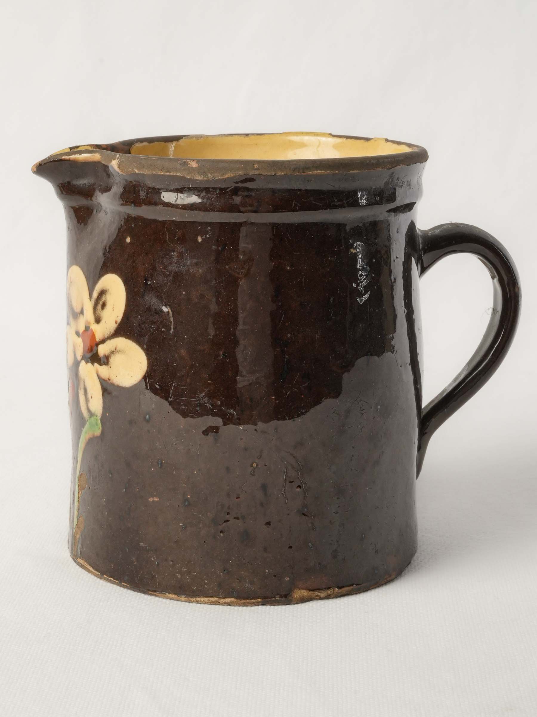 Large Antique Savoyard Ceramic Pitcher w/ Floral Decoration on a Chocolate-Brown Ground - 6¾"