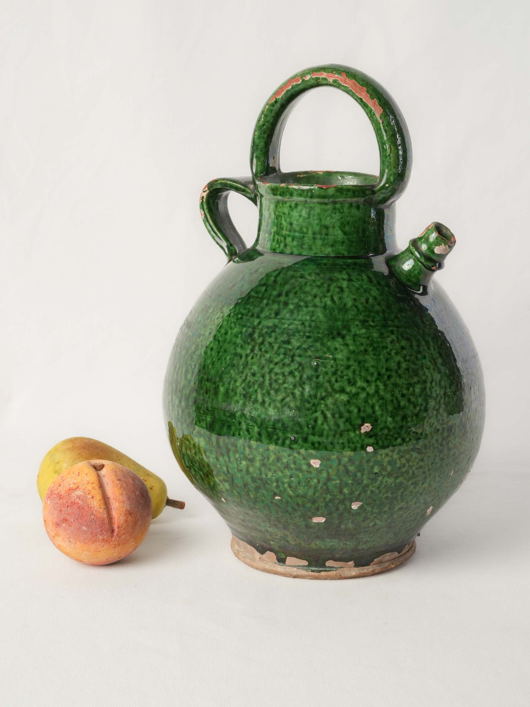 Large Antique Provençal Ceramic Jug w/ Glossy Mottled Green Glaze - 13¾"