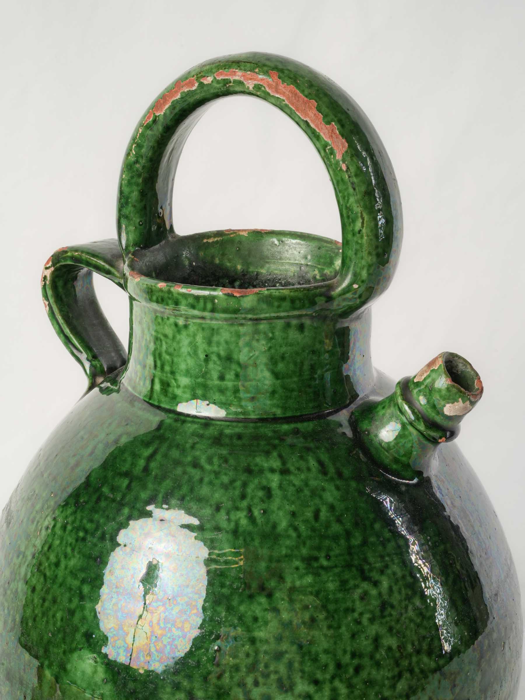 Large Antique Provençal Ceramic Jug w/ Glossy Mottled Green Glaze - 13¾"