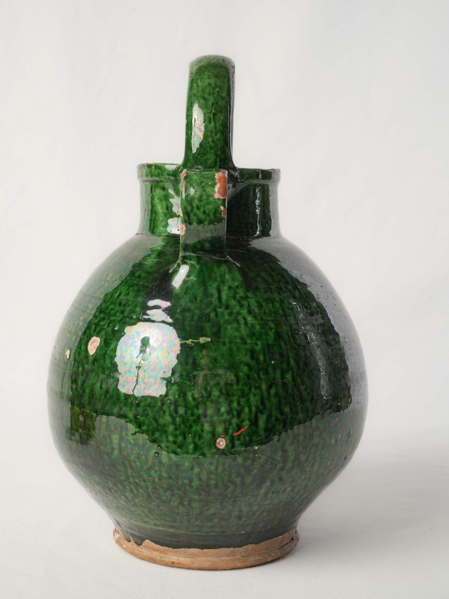 Large Antique Provençal Ceramic Jug w/ Glossy Mottled Green Glaze - 13¾"