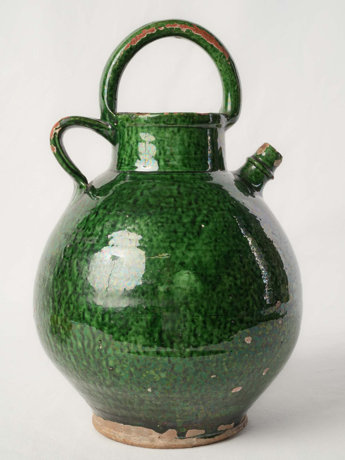 Large Antique Provençal Ceramic Jug w/ Glossy Mottled Green Glaze - 13¾"