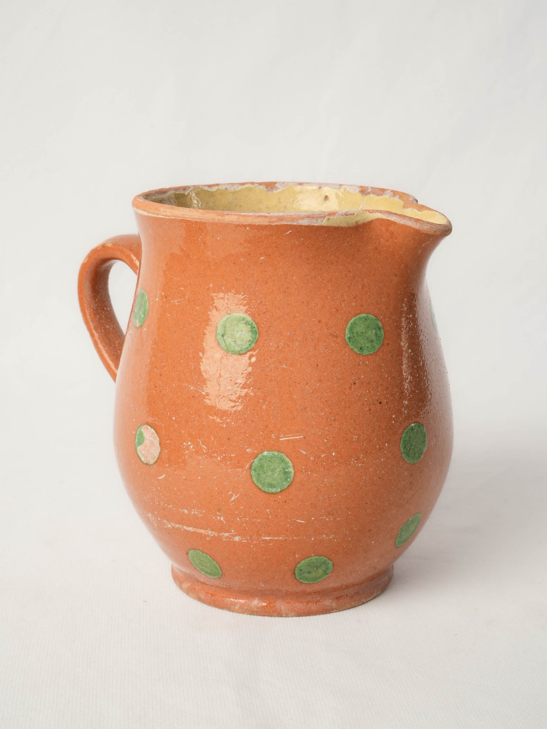 Antique Savoyard Ceramic Pitcher w/ Green Polka Dots on Warm Orange Ground - 7½"