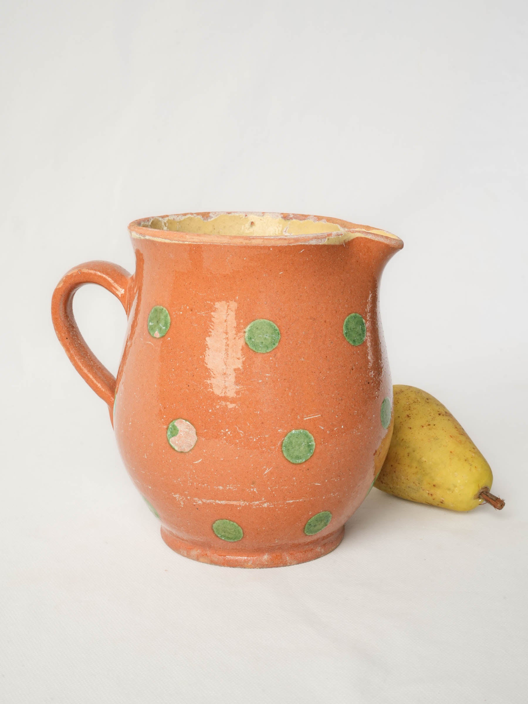 Antique Savoyard Ceramic Pitcher w/ Green Polka Dots on Warm Orange Ground - 7½"