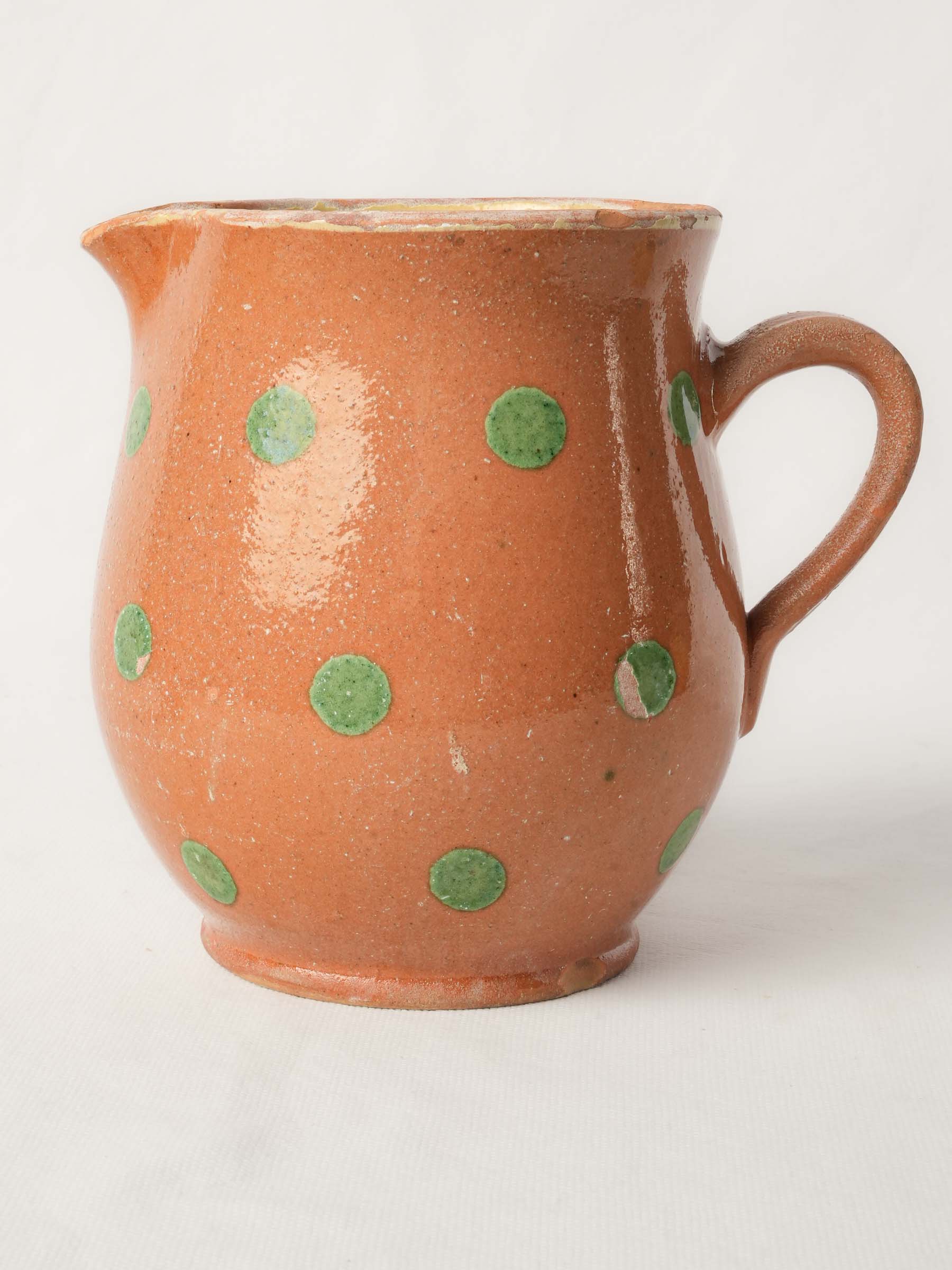 Antique Savoyard Ceramic Pitcher w/ Green Polka Dots on Warm Orange Ground - 7½"