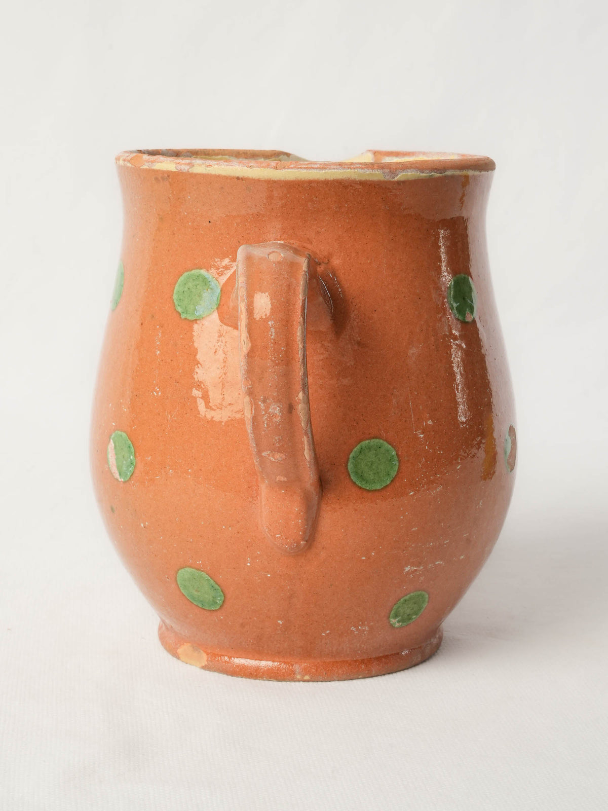 Antique Savoyard Ceramic Pitcher w/ Green Polka Dots on Warm Orange Ground - 7½"