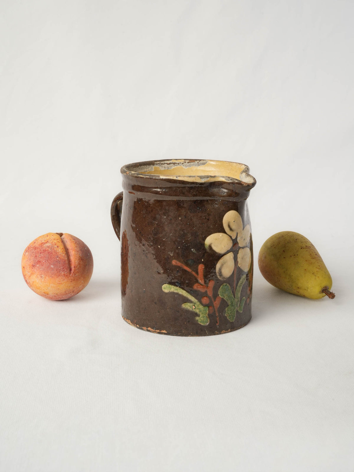 Small Rustic Savoyard Ceramic Pitcher w/ Floral Decoration on a Chocolate-Brown Ground - 6¼"