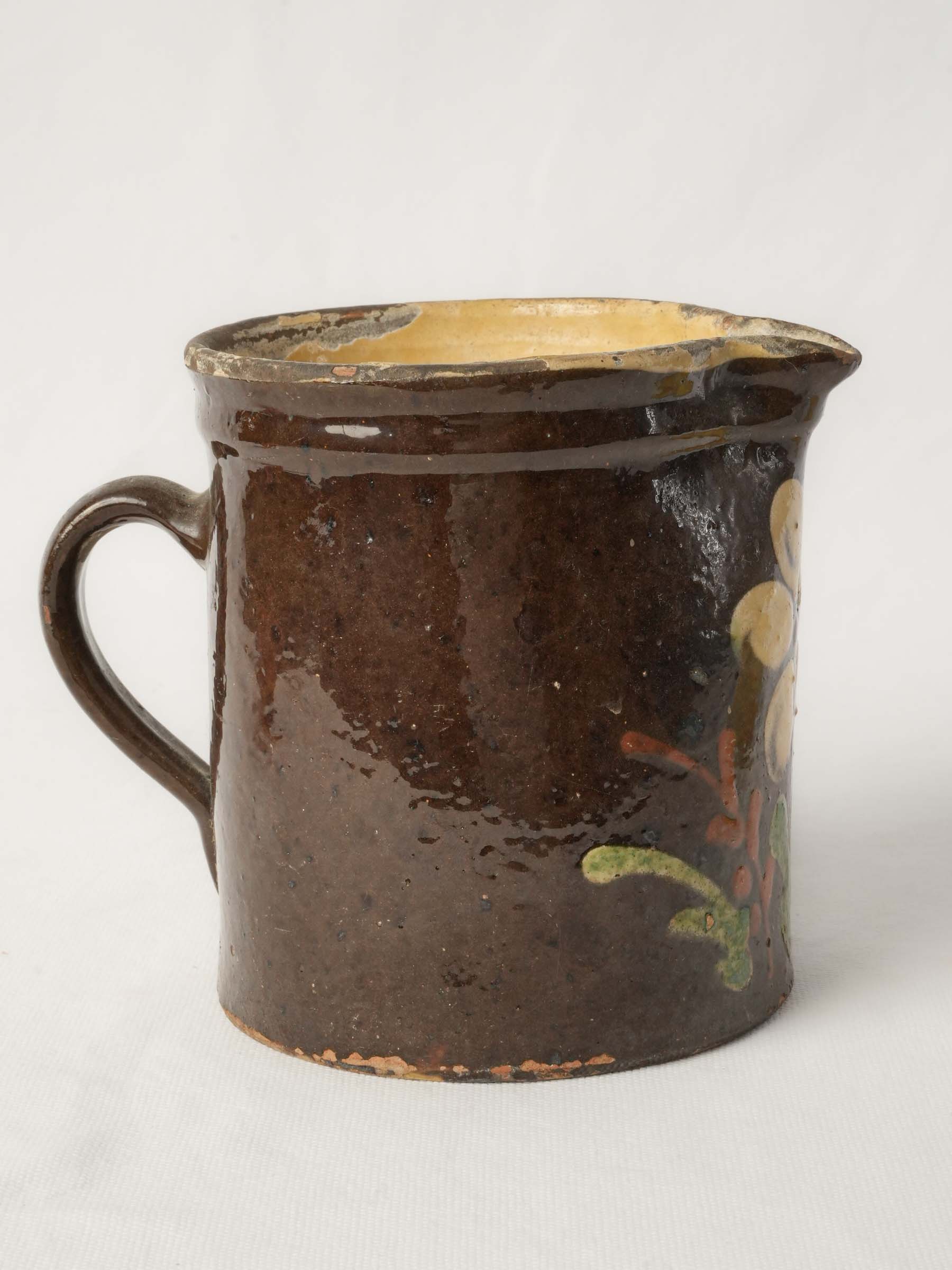 Small Rustic Savoyard Ceramic Pitcher w/ Floral Decoration on a Chocolate-Brown Ground - 6¼"