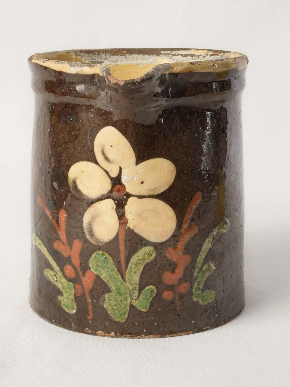 Small Rustic Savoyard Ceramic Pitcher w/ Floral Decoration on a Chocolate-Brown Ground - 6¼"