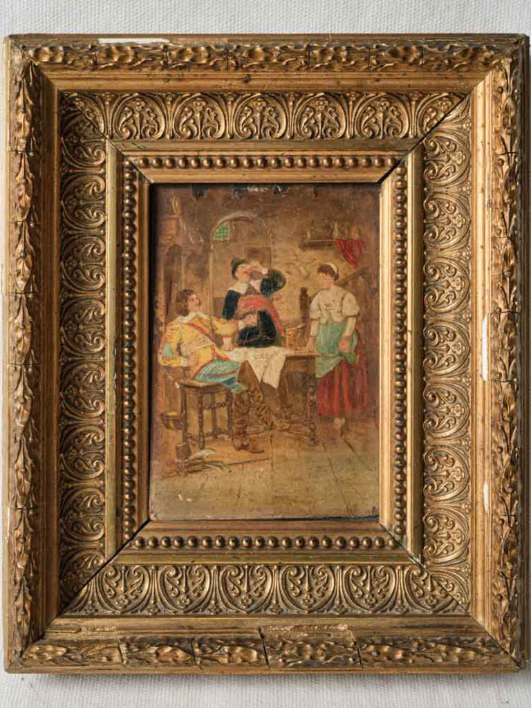 Petite Oil on Wood w/ Tavern Scene in an Ornate Gilt Frame - 9½" x 8"