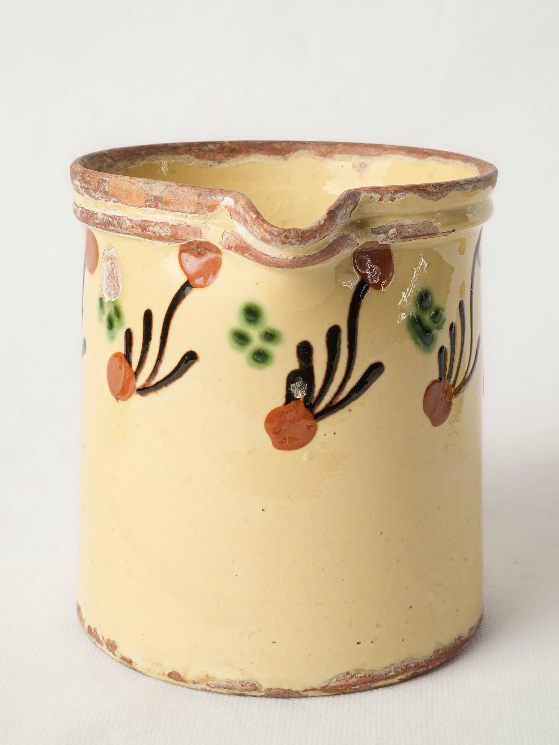 Small Savoyard Ceramic Pitcher w/ Hand-Painted Abstract Frieze and Worn Patina - 5½"