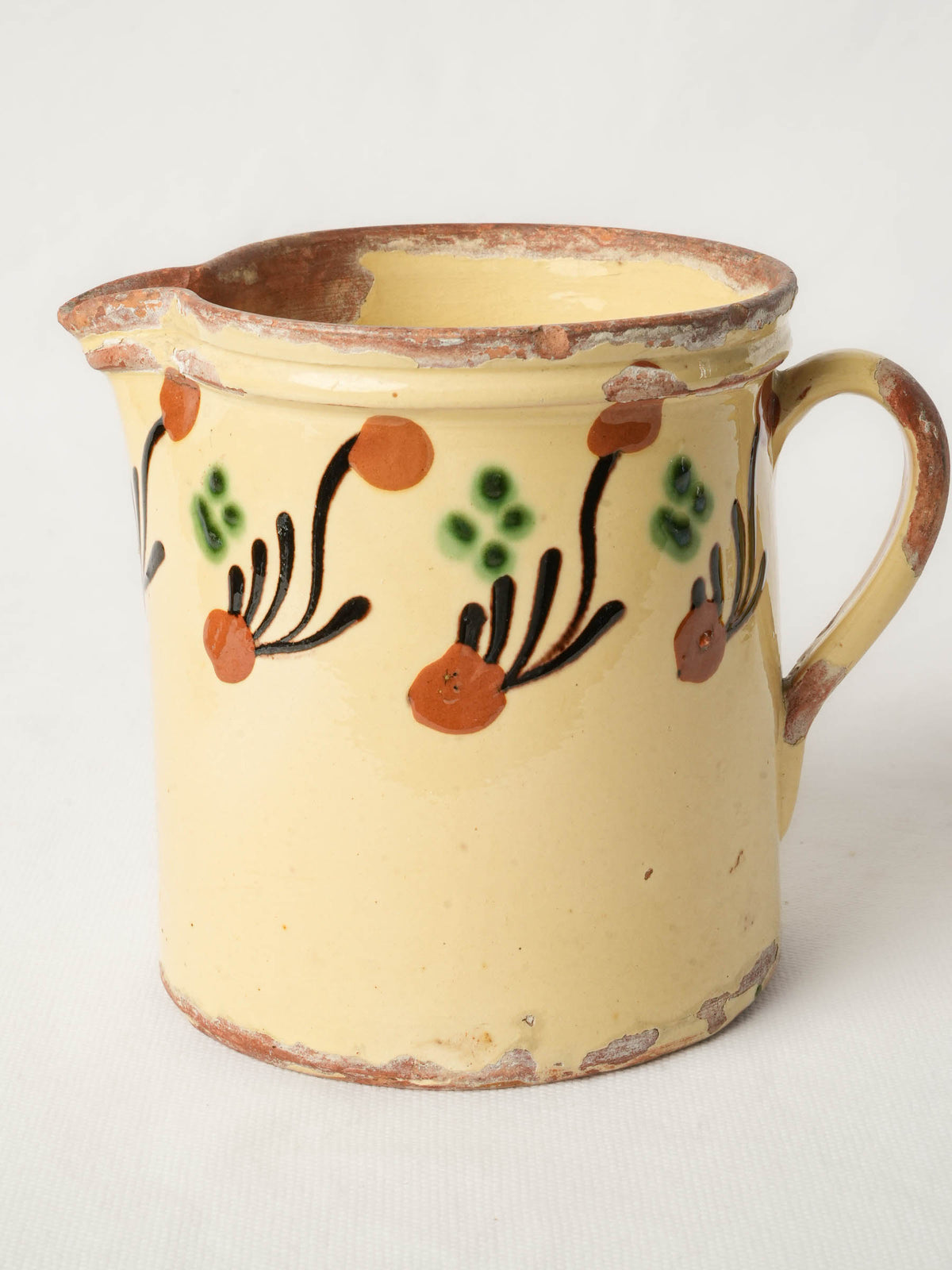 Small Savoyard Ceramic Pitcher w/ Hand-Painted Abstract Frieze and Worn Patina - 5½"