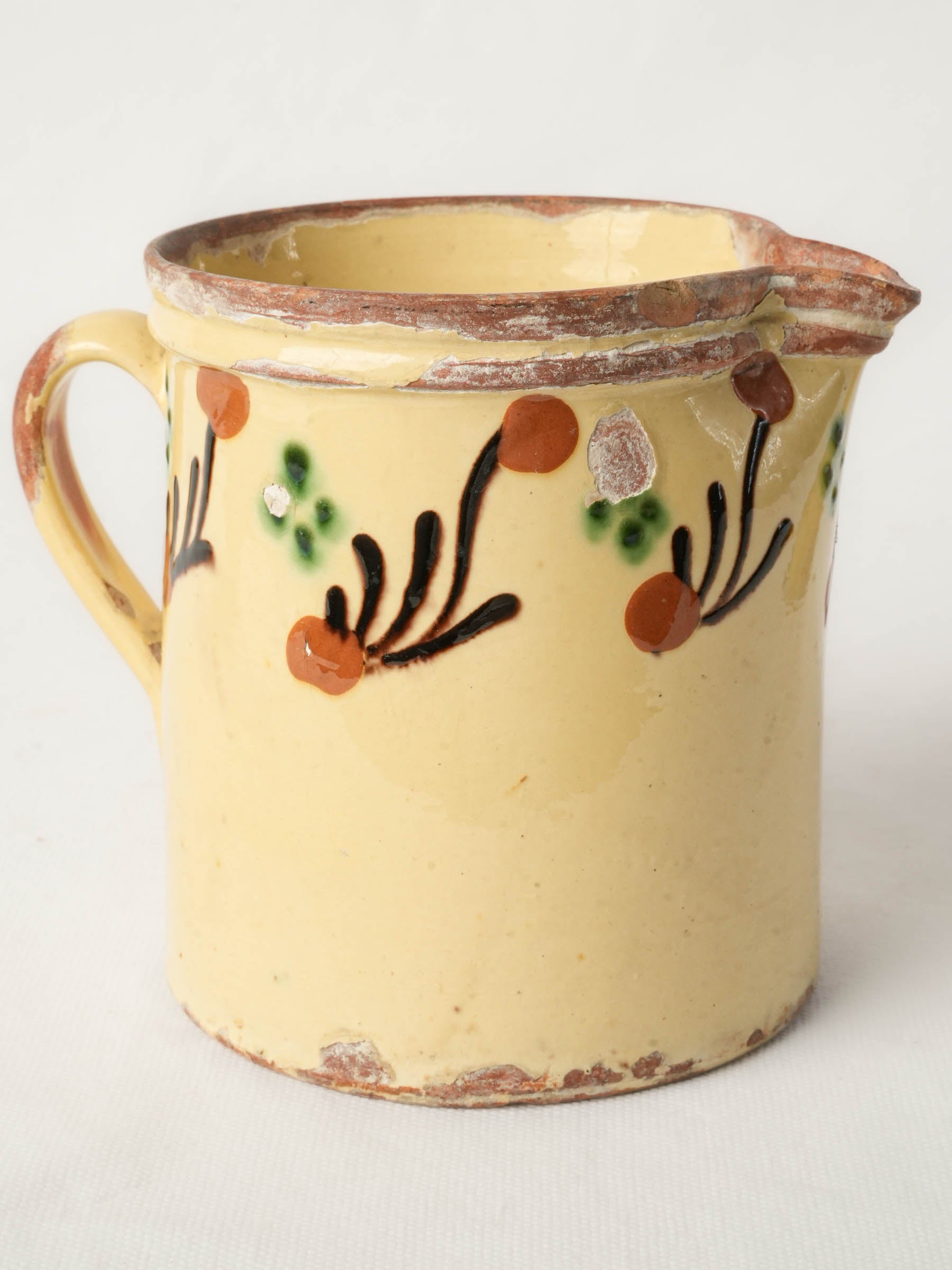 Small Savoyard Ceramic Pitcher w/ Hand-Painted Abstract Frieze and Worn Patina - 5½"