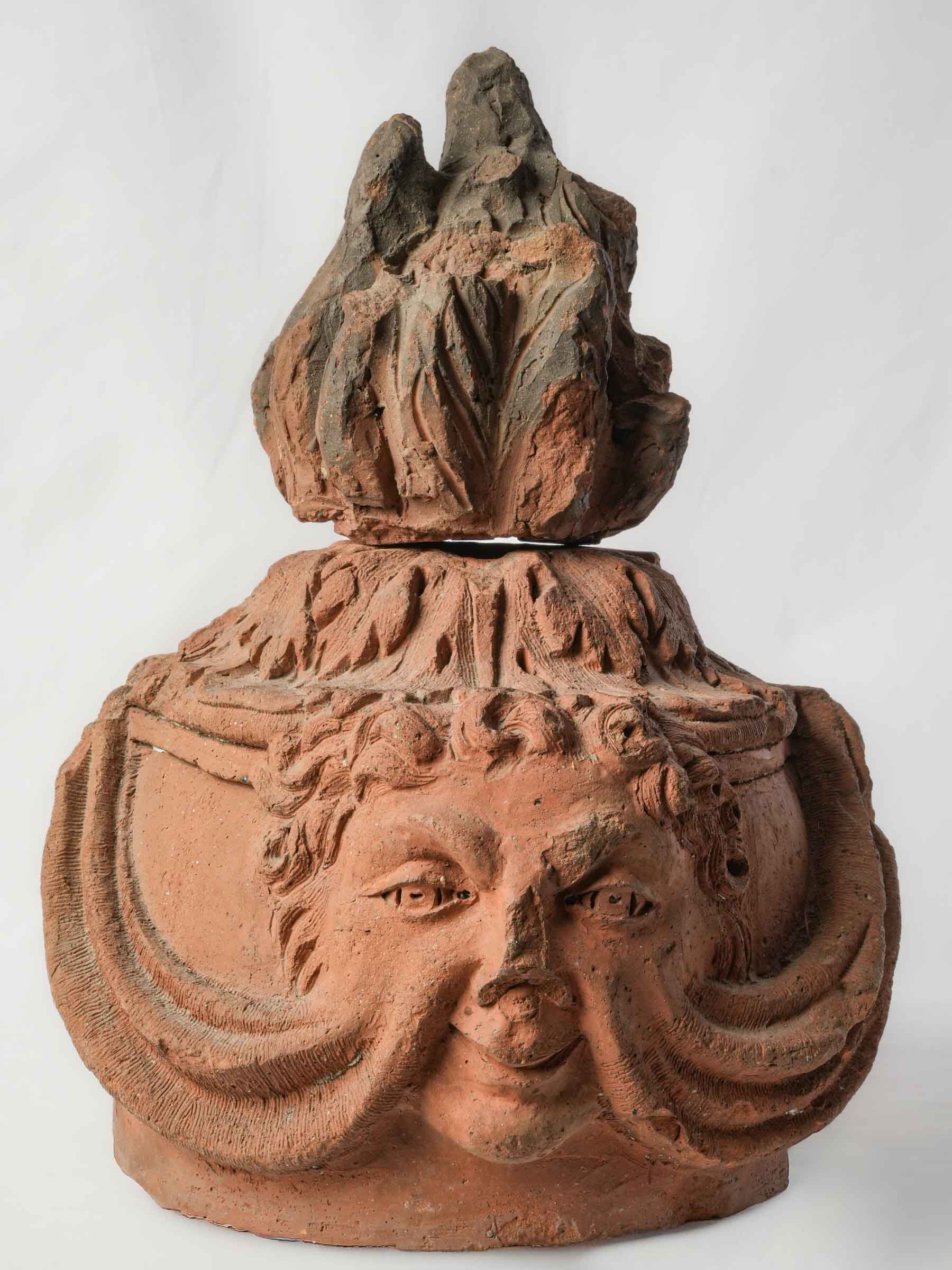 French Architectural Terracotta Flame Finial w/ Intriguing Mascarons, 18th Century - 18½"