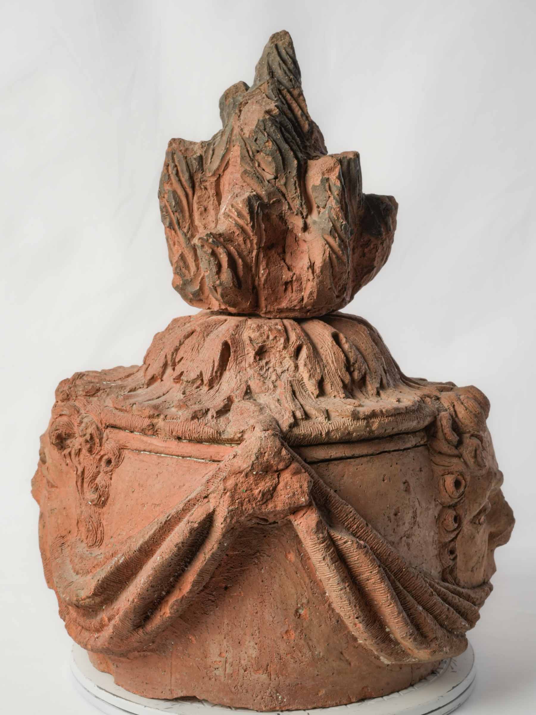 French Architectural Terracotta Flame Finial w/ Intriguing Mascarons, 18th Century - 18½"
