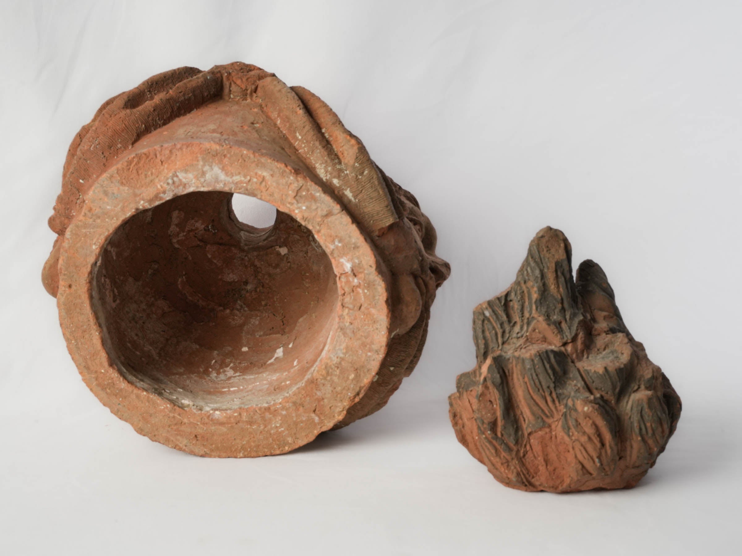 French Architectural Terracotta Flame Finial w/ Intriguing Mascarons, 18th Century - 18½"