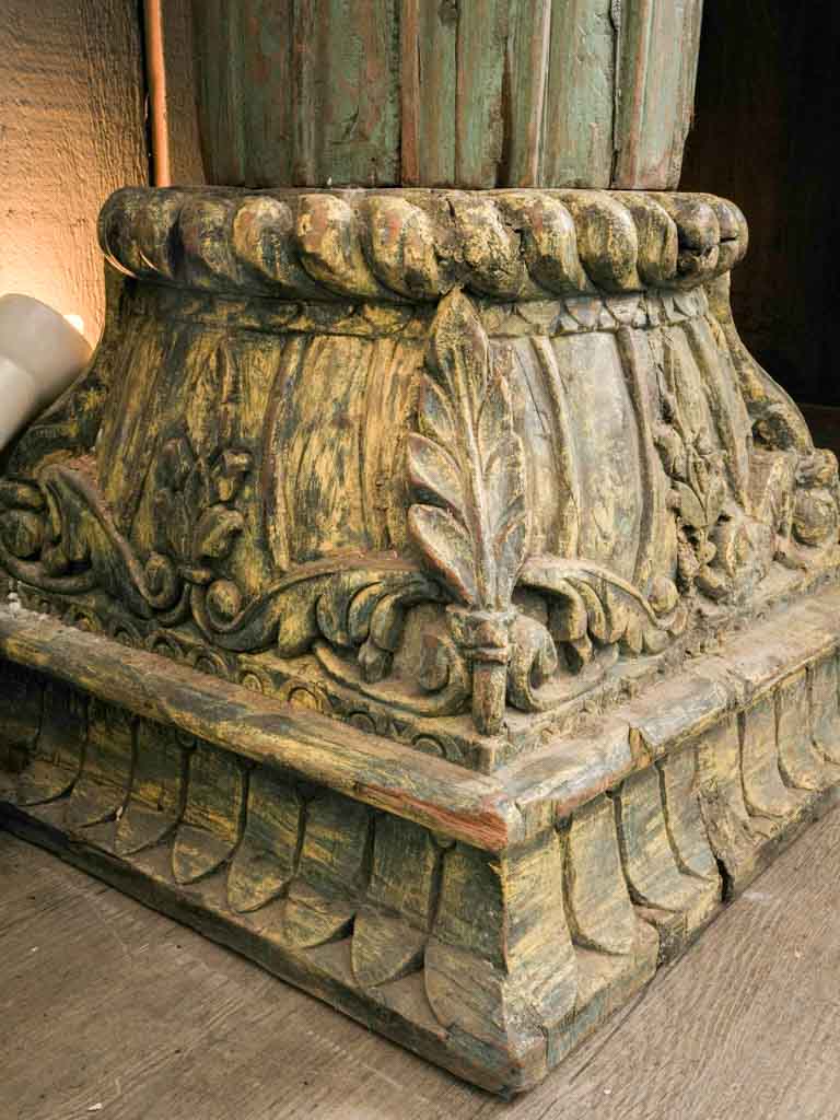 Layered sage-green patina oak columns