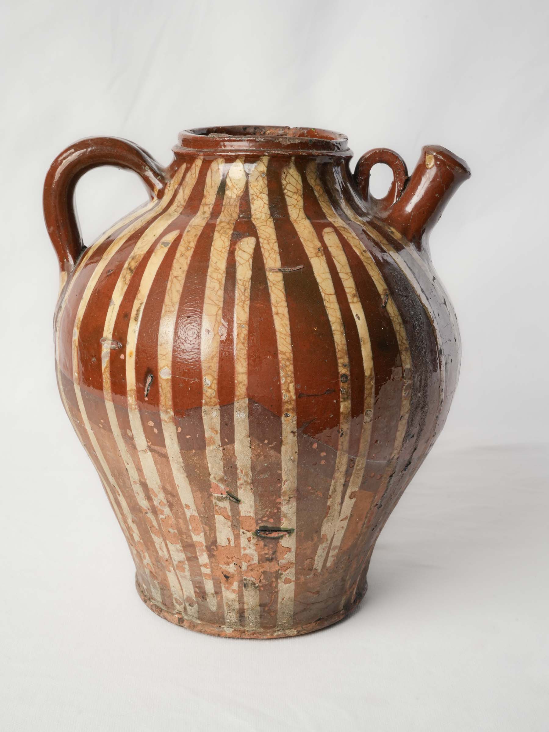 19th Century Val de Saône Jug w/ Cascading Slip Decoration and Superb Patina - 15"