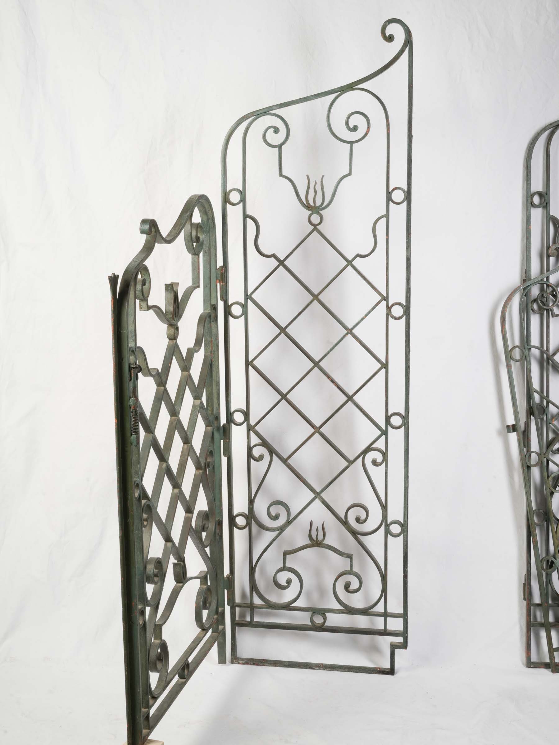 Remarkable French Art Deco Wrought-Iron Garden Gate, Sage-Green Finish - 59" x 85"