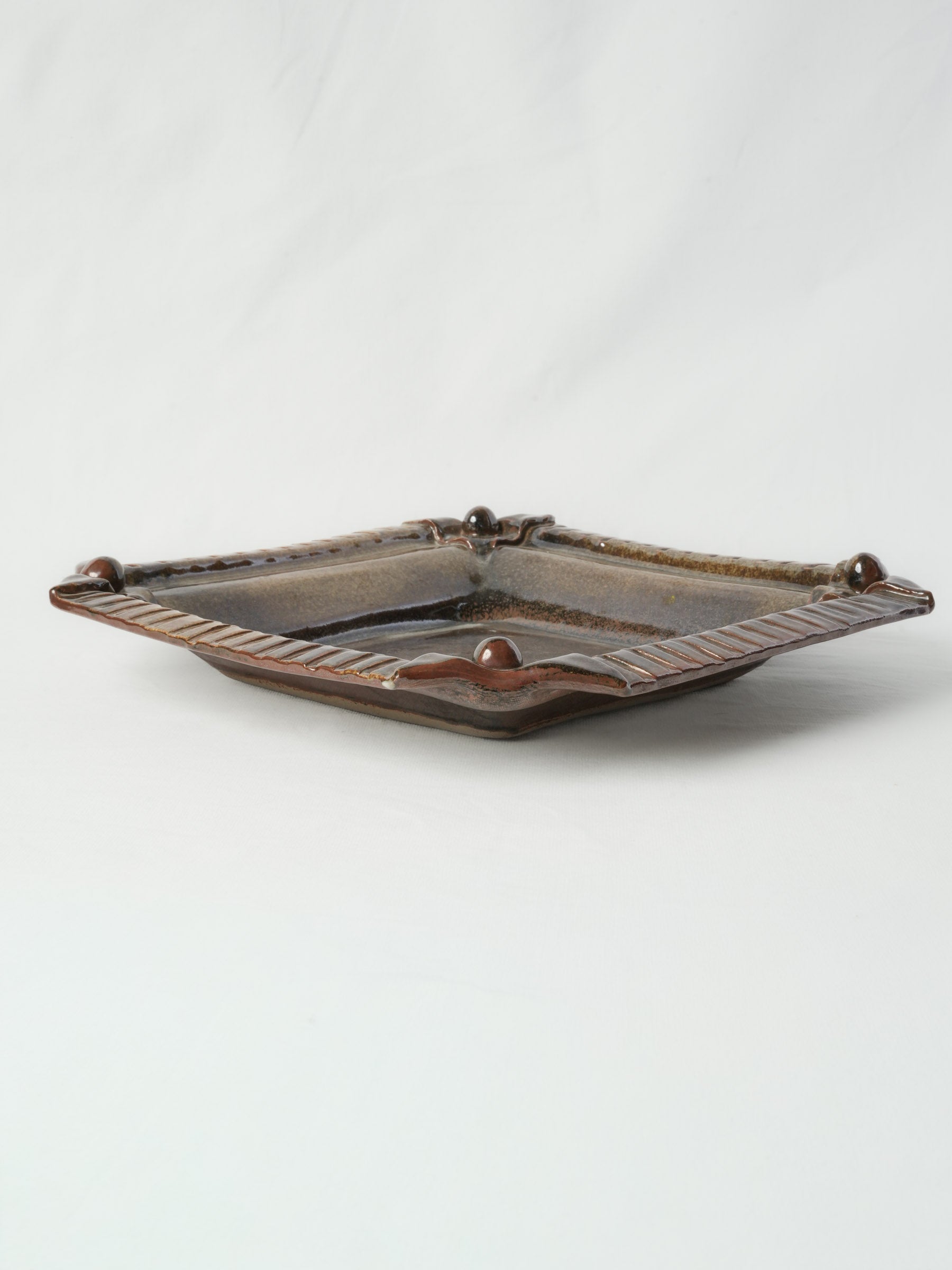 Sculptural French Studio Stoneware Platter w/ Variegated Glaze, 1970s - 16¼" x 16½"