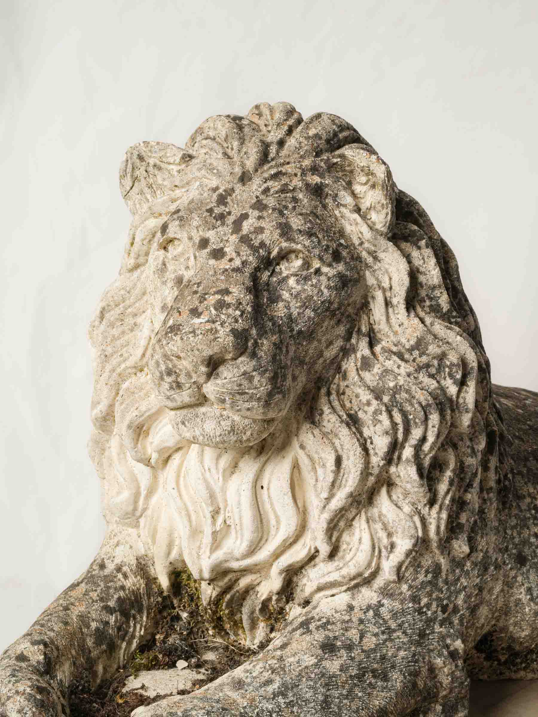 Pair of Vintage French Cast-Stone Reclining Garden Lion Statues - 23¾" long