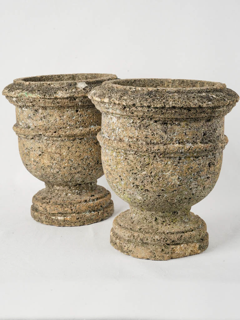 Pair of Early 20th-Century Compact Weathered Limestone Urns - 14¼"