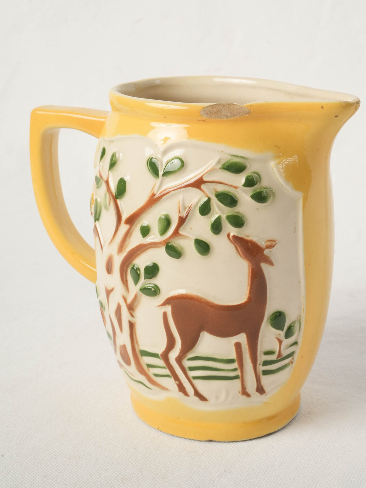 French Art Deco Barbotine Pitcher w/ Deer Decoration c. 1940s - 6¾"